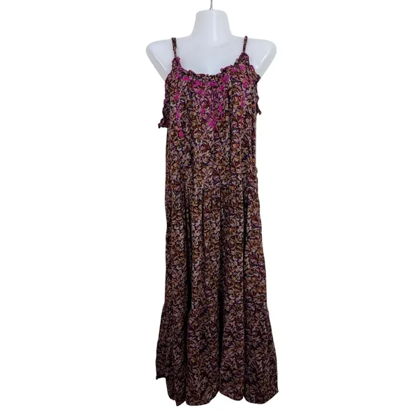 Natural Life Womens XS/S Floral Tiered Midi Dress Pink Embroidered Pockets Brown - Image 2