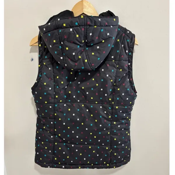 Burton Dryride‎ Puffer Vest Womens Medium Black Multicolor Square Print Hooded - Image 3