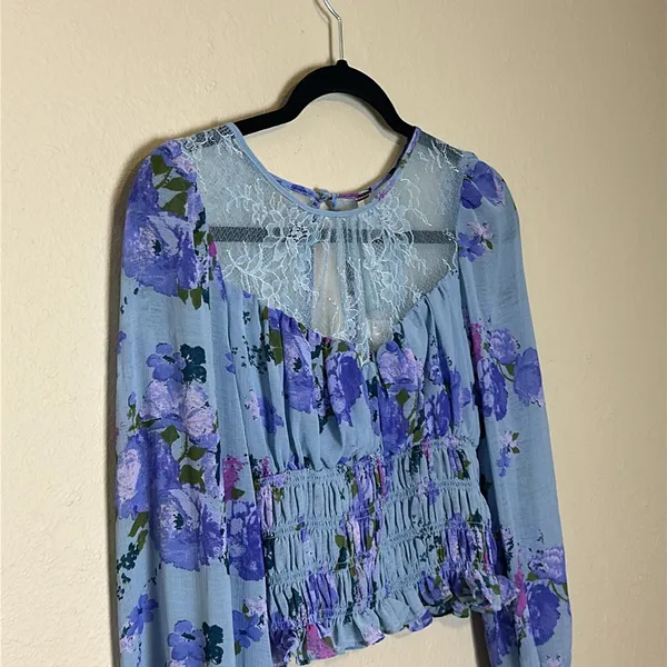 Free People Daphne Blouse with sheer lace yoke and gathered Edwardian‎ Sleeves - Image 5