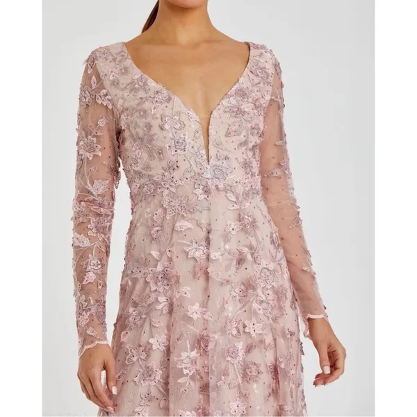 NWT Mac Duggal‎ 70224 Pink Floral Applique Long Sleeve Illusion Gown Size 10 - Image 4