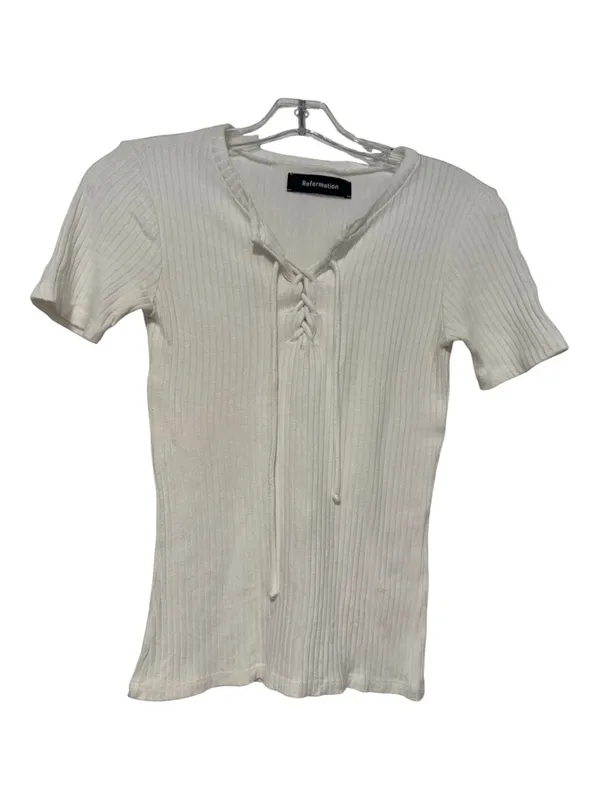 Reformation White Ribbed Lace-Up Tie Front Top Size Small - Image 2