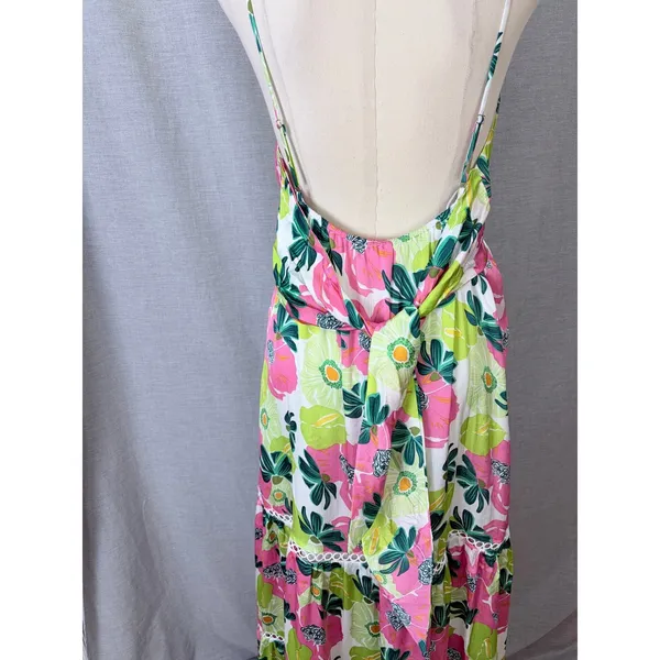 NWT Rubienn Maxi Dress L Pink Lime Green Floral Low Back Tiered Lace Trim Resort - Image 5