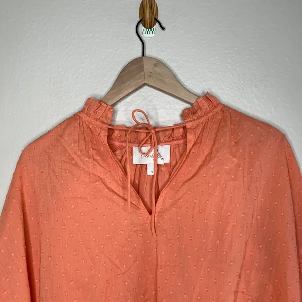 Cleobella Organic Cotton Orange Textured Long Sleeve Tie Neck Tunic Blouse S - Image 3