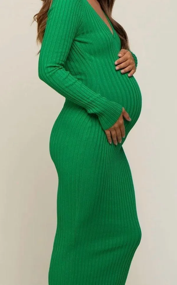 Maternity Dress Forum Green Ribbed Long Sleeve V-Neck Bodycon Dress - Image 2