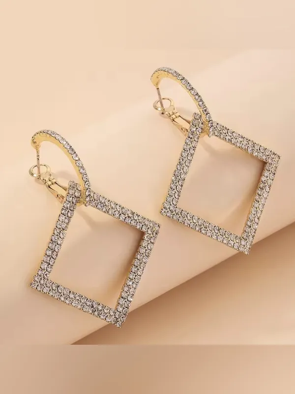 Elegant Gold tone Square Drop diamond paved small hoop Earrings - Image 5