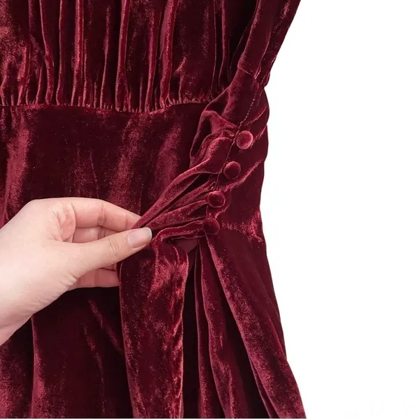 Reformation Dress Evora Velvet Long-Sleeve Keyhole Buttoned Mini‎ Chianti 12 NWT - Image 2