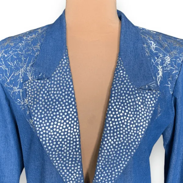 Vintage‎ Blue Denim Blazer Silver Polka Dot Boho Western Jacket Artsy Eclectic - Image 4