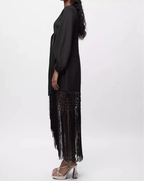 Zara dress midi black linen fringed fringes boho - Image 5