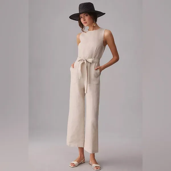 Reformation Naomi Linen Jumpsuit in Oatmeal 6 - Image 6
