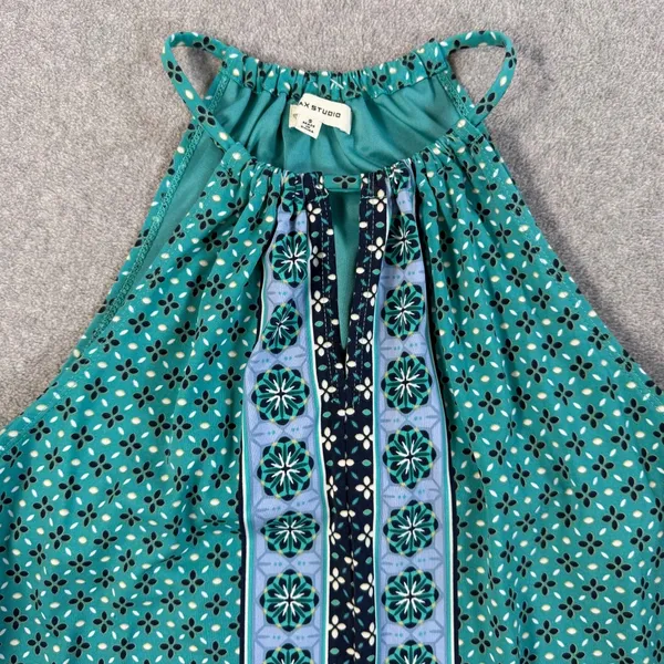 Max Studio Women's Small Halter Neck Shift Dress Teal Green Sleeveless Geometric - Image 4