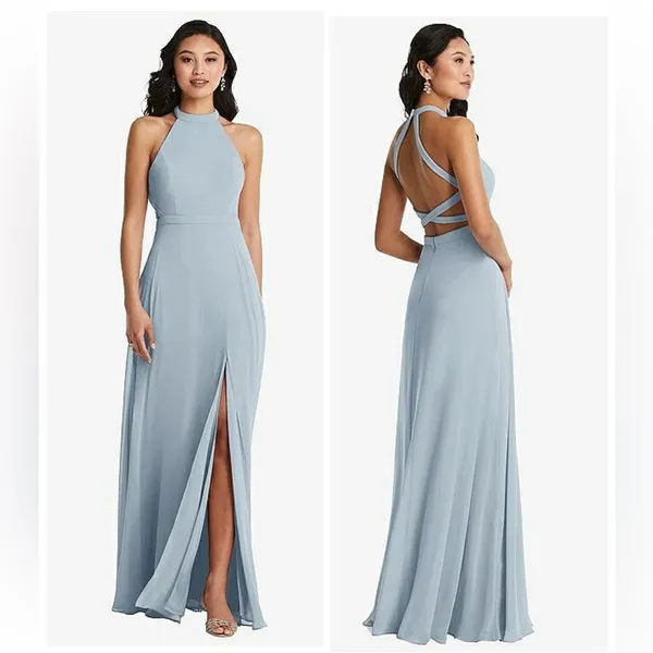 Dessy Stand Collar Halter Maxi Dress Crisscross Open Back Mist Size 2 Bridesmaid - Image 2
