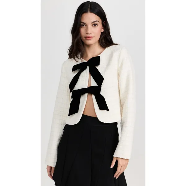 Line & Dot Kinzie Top, ivory cropped tweed jacket. Bow Detail Cropped Wool Poly - Image 6