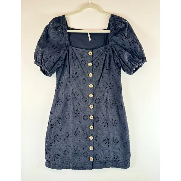 Free People Womens Dress Black Daniella Eyelet Mini Puffed Babydoll Boho Size 8 - Image 2