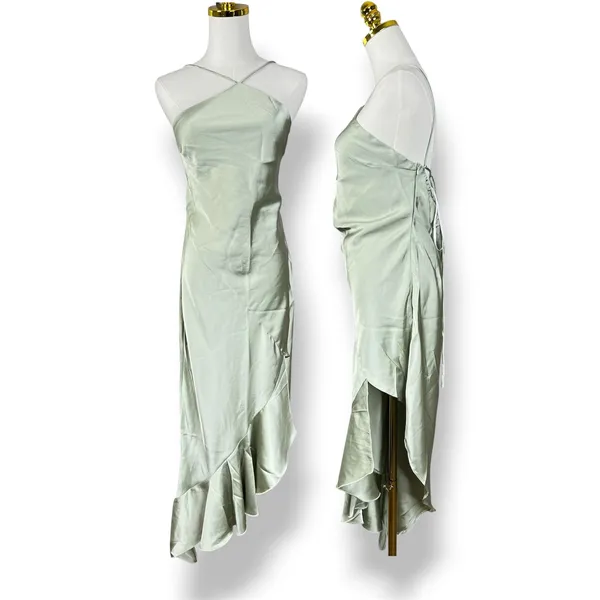 Hello Molly Sage Green Satin Halter Ruffle High Low Midi Dress Womens Size 10 - Image 4