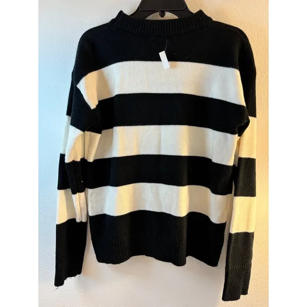 Black and White Striped Crewneck Sweater with Yellow Crescent Moon Embroidery - Image 2