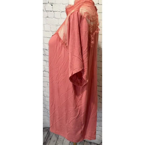 Haute Hippie coral-colored short-sleeve top featuring a sheer lace yoke XL - Image 3