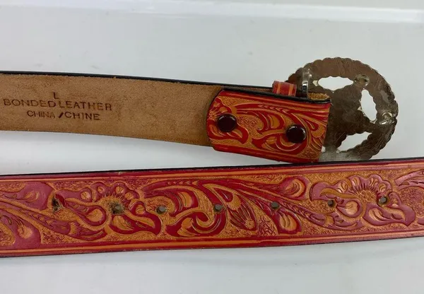 Western Embellished Star Bling Tooled Bonded Leather Belt Sz Large - Image 6