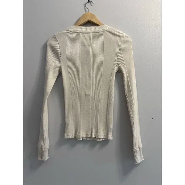 Aerie Cream Ribbed Henley Top Long Sleeve Button Front Fitted Thermal Size M - Image 2