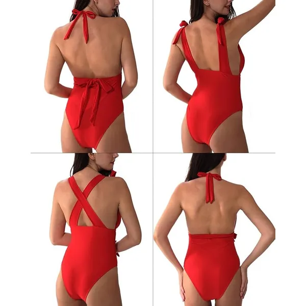 [Yolipuli] Red One Piece Convertible Swimsuit Bow Straps V-Neck Ruched Sz Large - Image 2