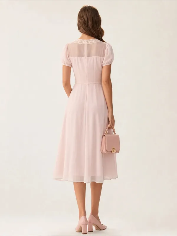 Rihoas Elegant Puff Sleeve Midi Dress in Light Pink - Image 3