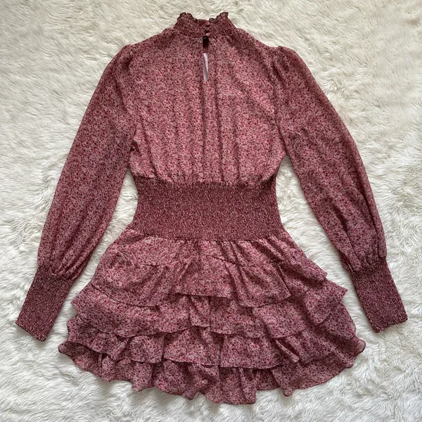 Bardot Dress Georgette Soft Floral Tiered Shirred Mini Long Sleeve Pink M - Image 5