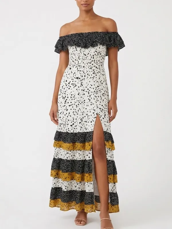 Les Sereine Off Shoulder Smocked Maxi Dress Mixed Print Tiered Slit Large - Image 11