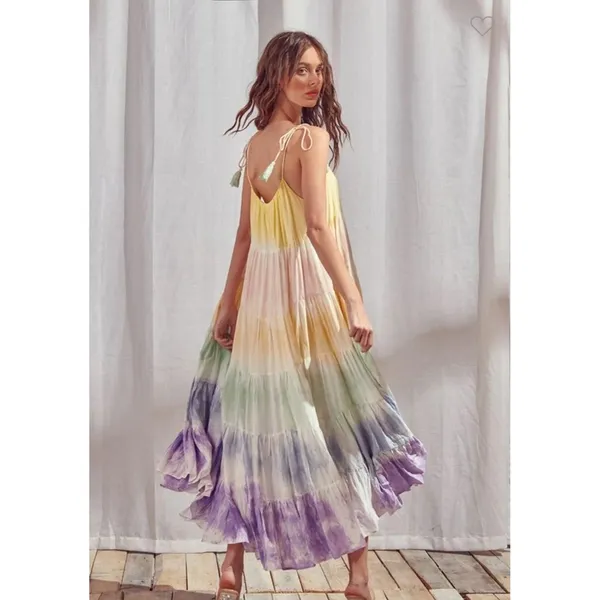 STORIA Tie Dye Maxi Dress Colorful Sleeveless Tasseled Straps Size S 100% Rayon - Image 3
