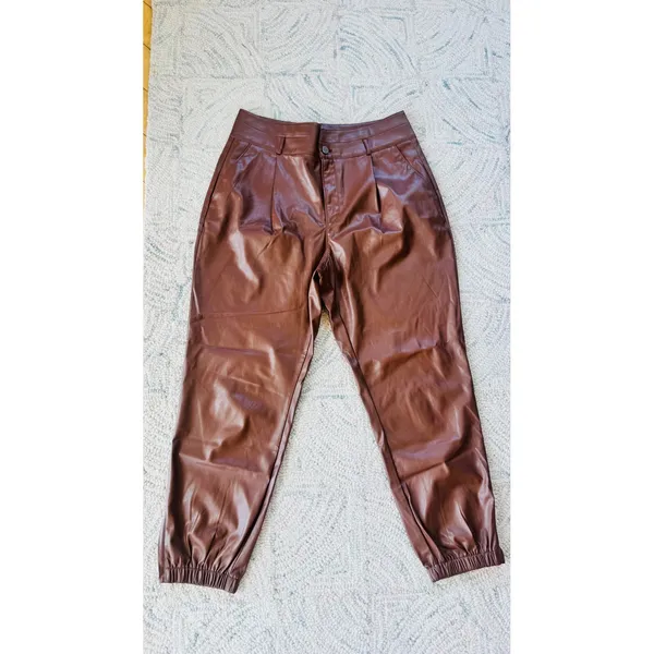 Paige‎ High Rise Pleated Mayslie Jogger Pants, Faux Leather Cognac, Size 10, NEW - Image 5