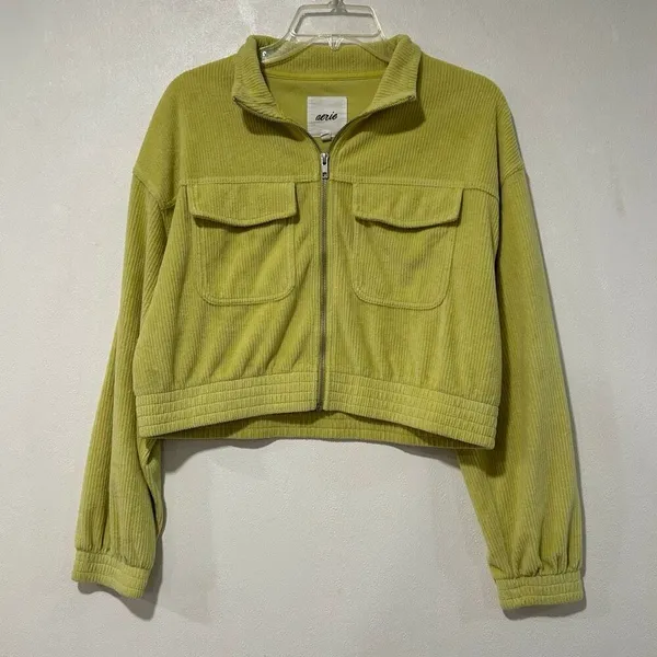Aerie Green Ribbed Zip Up Cropped Jacket Size M Casual Utility Shacket - Image 2