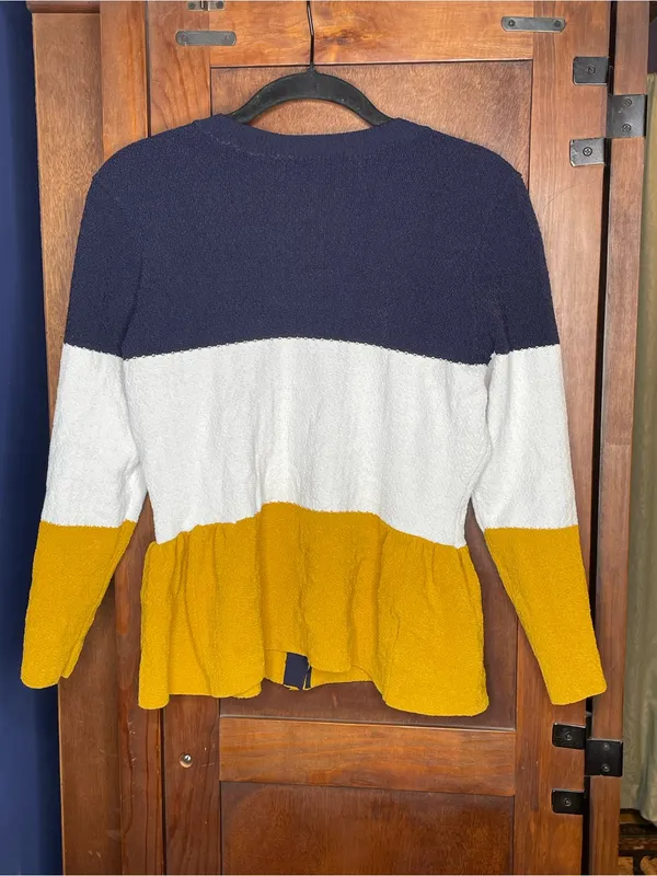 Ann Taylor Womens Colorblock Peplum Cardigan Medium Navy Mustard Preppy Mod - Image 4
