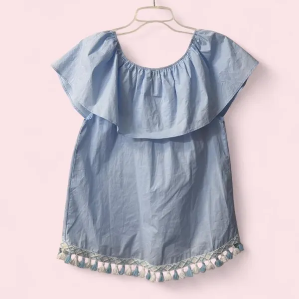 Women’s NWT Anna Rose Boutique Blouse Tassels Baby Blue Small - Image 7