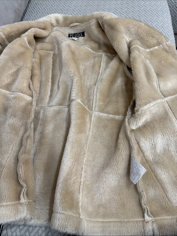 Vintage Mudd 90s Tan Faux Sued Fur Winter Teddy Coat Jacket Size M - Image 10