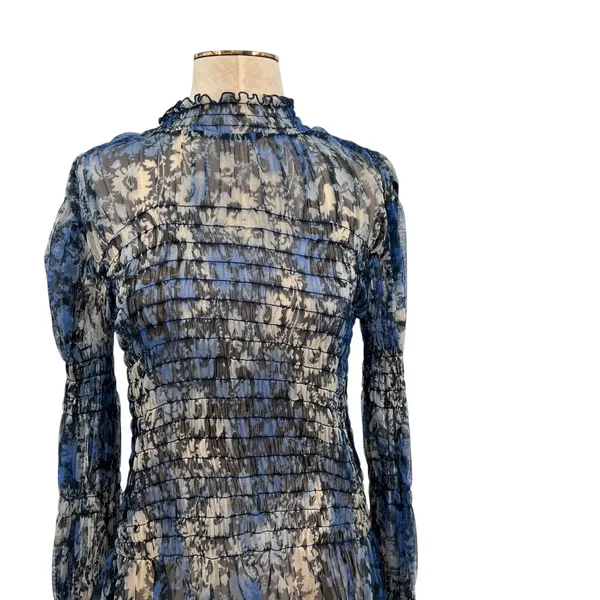 Free People Hello There Top‎ Blouse Smocked Flare Sleeve Mesh Floral Blue Large - Image 4