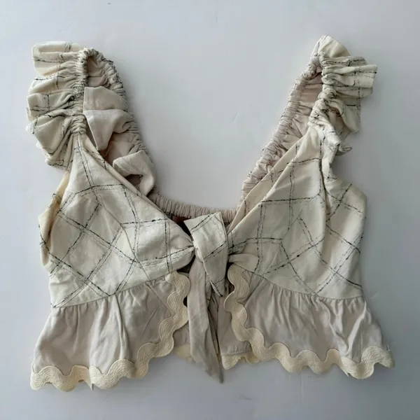 Anthropologie Raissa Tie Front Crop Top Small Cream Linen Check Ruffle Hem Boho - Image 3