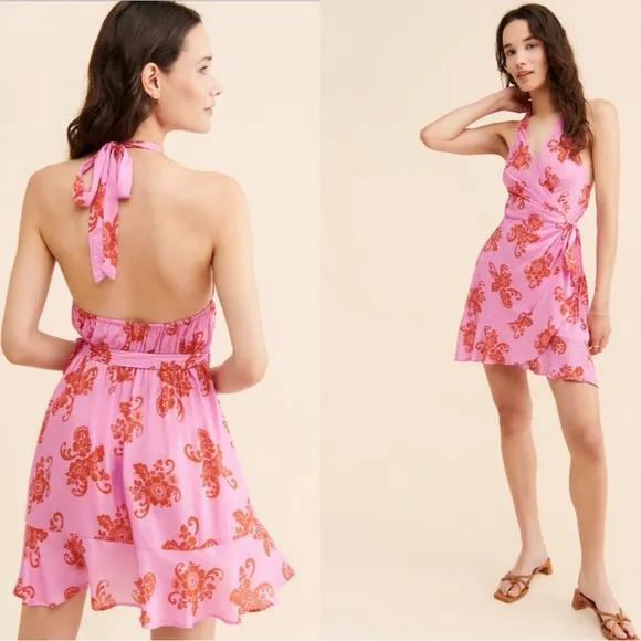 NWT ANTHROPOLOGIE Pink Floral Halter Mini Dress Sz L - Image 2