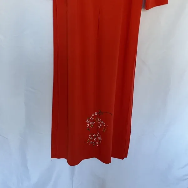 Vintage Floral hand painted Red Maxi Dress‎ Womens XL Long Sleeve high slits - Image 9