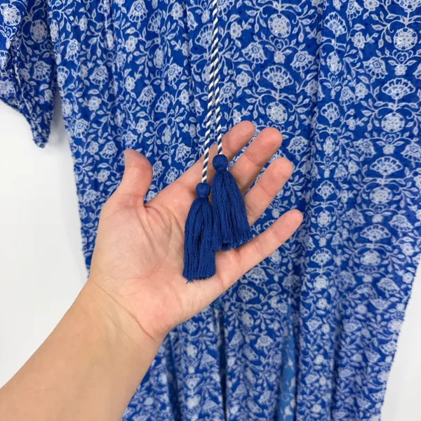 Zara Semi Sheer Blue White Floral‎ Tassel Tie Midi Dress Size S Small Boho Flowy - Image 3