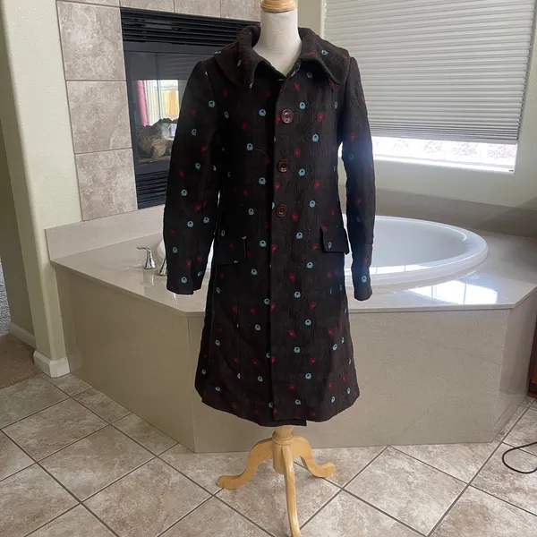 Irene van ryb Vintage Brown Textured Floral Long Coat size 40/ USA 6-8 WOOL - Image 2