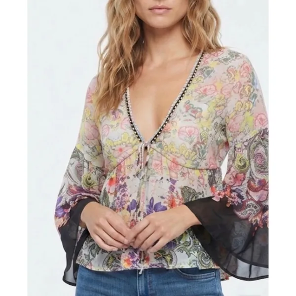 Natural Life Isabella Cotton Top M New Boho Western Black Multicolored Paisley - Image 10