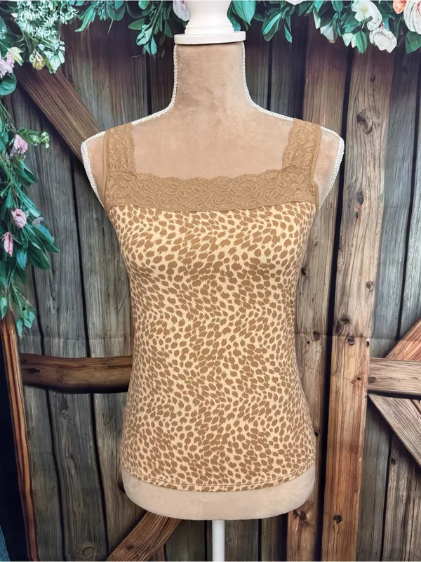 Vanity Fair Y2K Leopard Print Lace Trim Stretch Cami Tank Top Size Small 36 Tan - Image 2