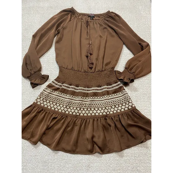 Shyanne Brown Western Embroidered Smocked Mini Dress Long Sleeve Tassels Size M - Image 16