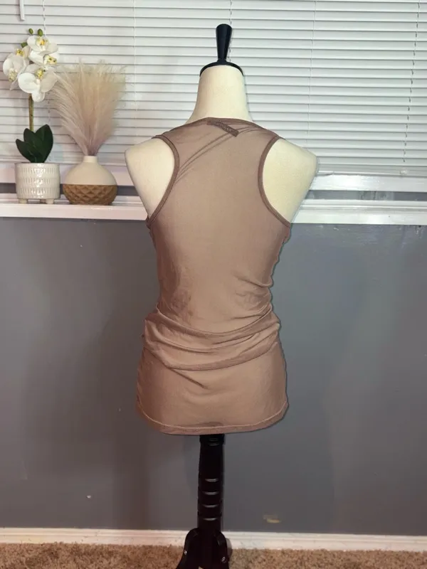 Brown Rhinestone Ruched Mesh Back Tank Top Size Large – Y2K Going Out - Image 6