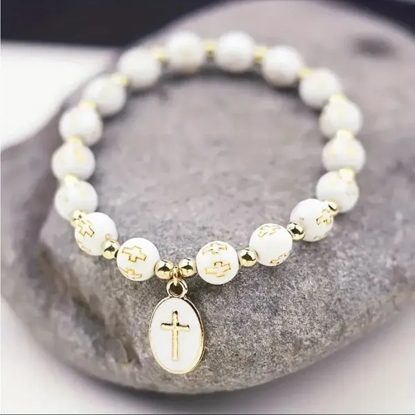 White Stylish Elastic Beaded Cross Charm Bracelet‎ Enamel Oval Cross Beaded - Image 8