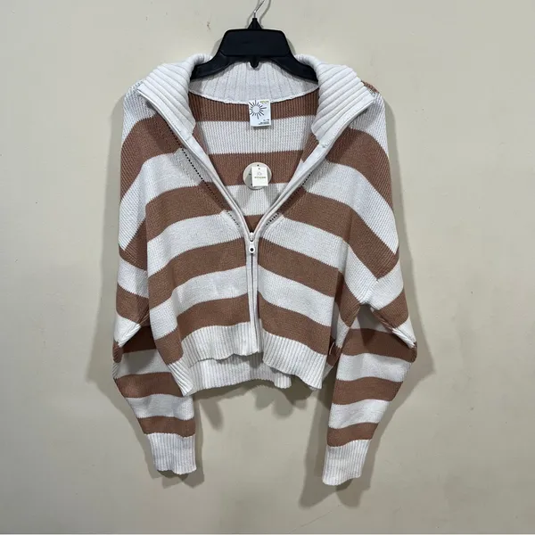 NWT OFFLINE By Aerie Full Zip Sweater stripped size XL Beach Dune women’s - Image 8