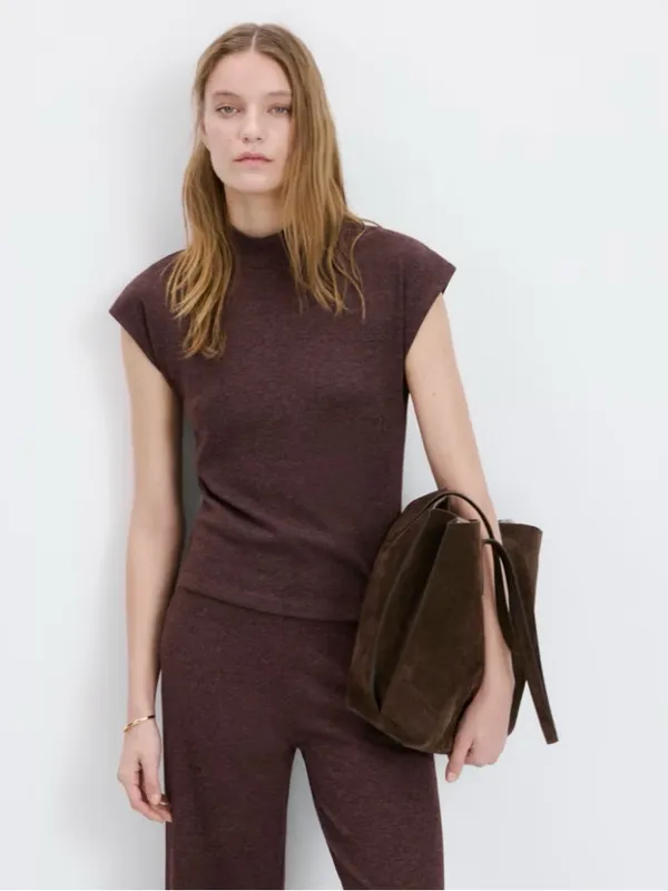 Mango HIGH COLLAR T-SHIRT Burgundy Small New - Image 4