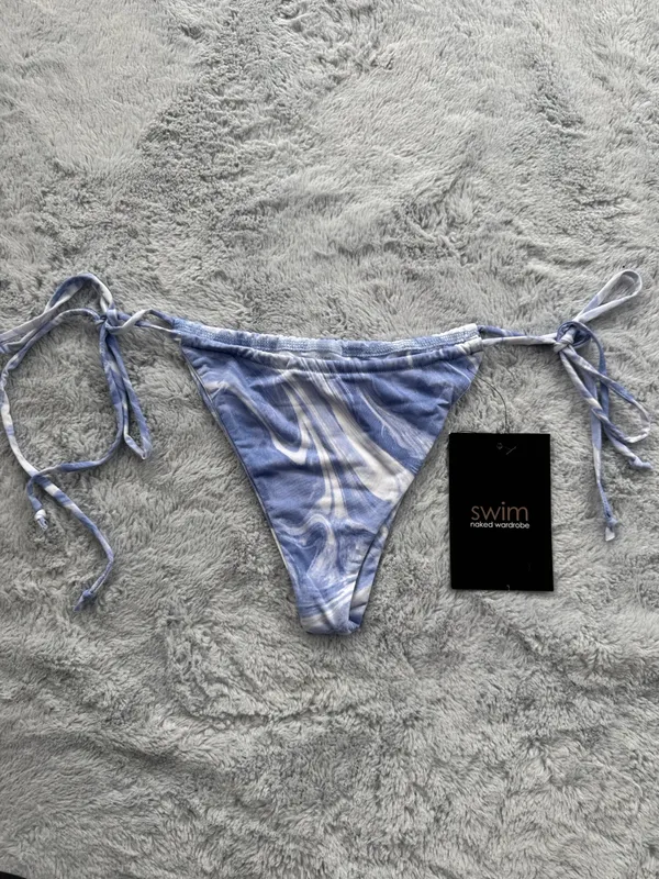 Naked Wardrobe Swim String Side Tie Bikini Bottoms Blue Marble Swirl XS - Image 3