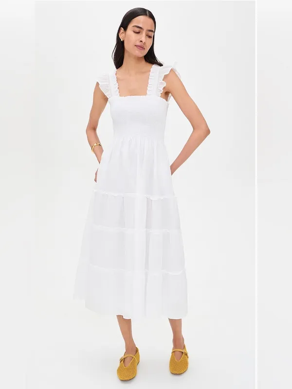 Hill House Home The Nap Dress Smocked Ruffle Straps Tiered White Small - Image 2