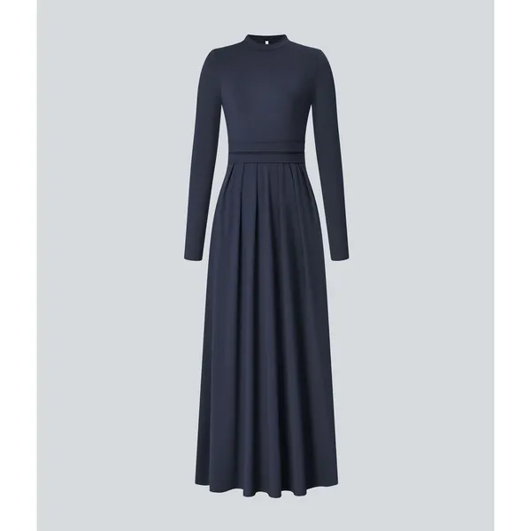 HALARA Navy Blue Mock Neck Long Sleeve Pocket Flare Maxi Casual Dress Knit XS - Image 12