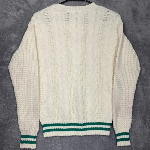 American Eagle Sweater Womens XS Cream Green Varsity Striped Cable Knit Crewneck - Image 7