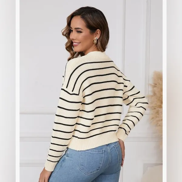 NEW Cream Striped Button Down Cardigan Sweater Long Sleeve L - Image 2